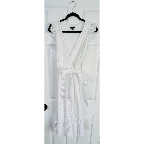 J. Crew White Allover Eyelet Midi Wrap Dress White Cotton Ruffle Dress Size 6 - Picture 2 of 9